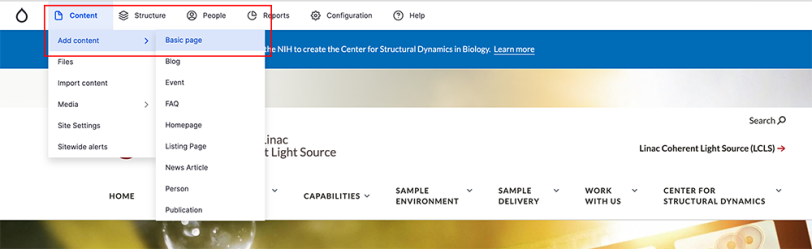 Editing menu with basic page hovered