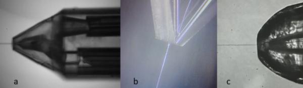 Image of three different types of GDVN jetting, 3D printed, chip nozzle, and glass