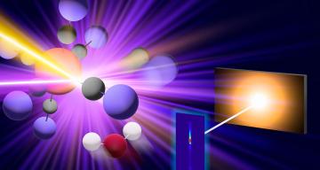A graphic representation of an intermediate chemical reaction and the X-rays, laser and detector. 