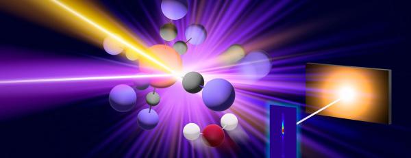 A graphic representation of an intermediate chemical reaction and the X-rays, laser and detector. 